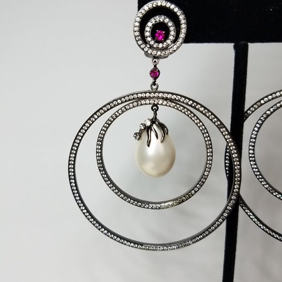 Angelique De Paris Women's Circle Earrings with Pearl Zirconia and Garnet Stone - Picture 8 of 13